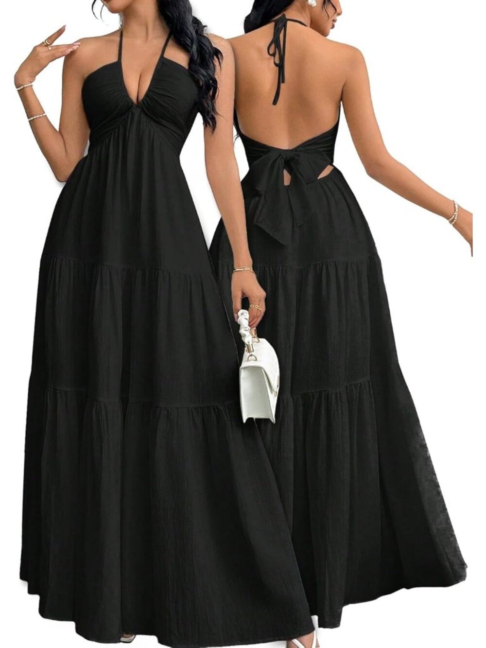 Women's Maxi Summer Dresses Black Halter V Neck Beach Dresses A-Line Dress